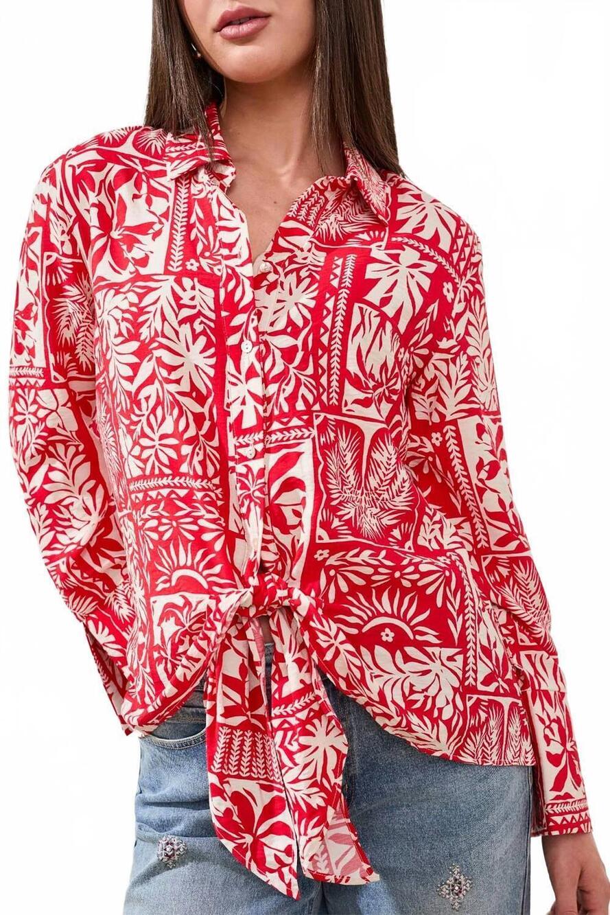 NEW TRIBAL printed textured challis blouse with tie front in sangria